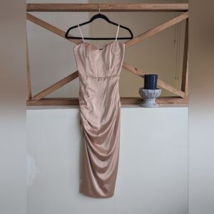 le chateau Strapless Satin Midi Dress in Blush